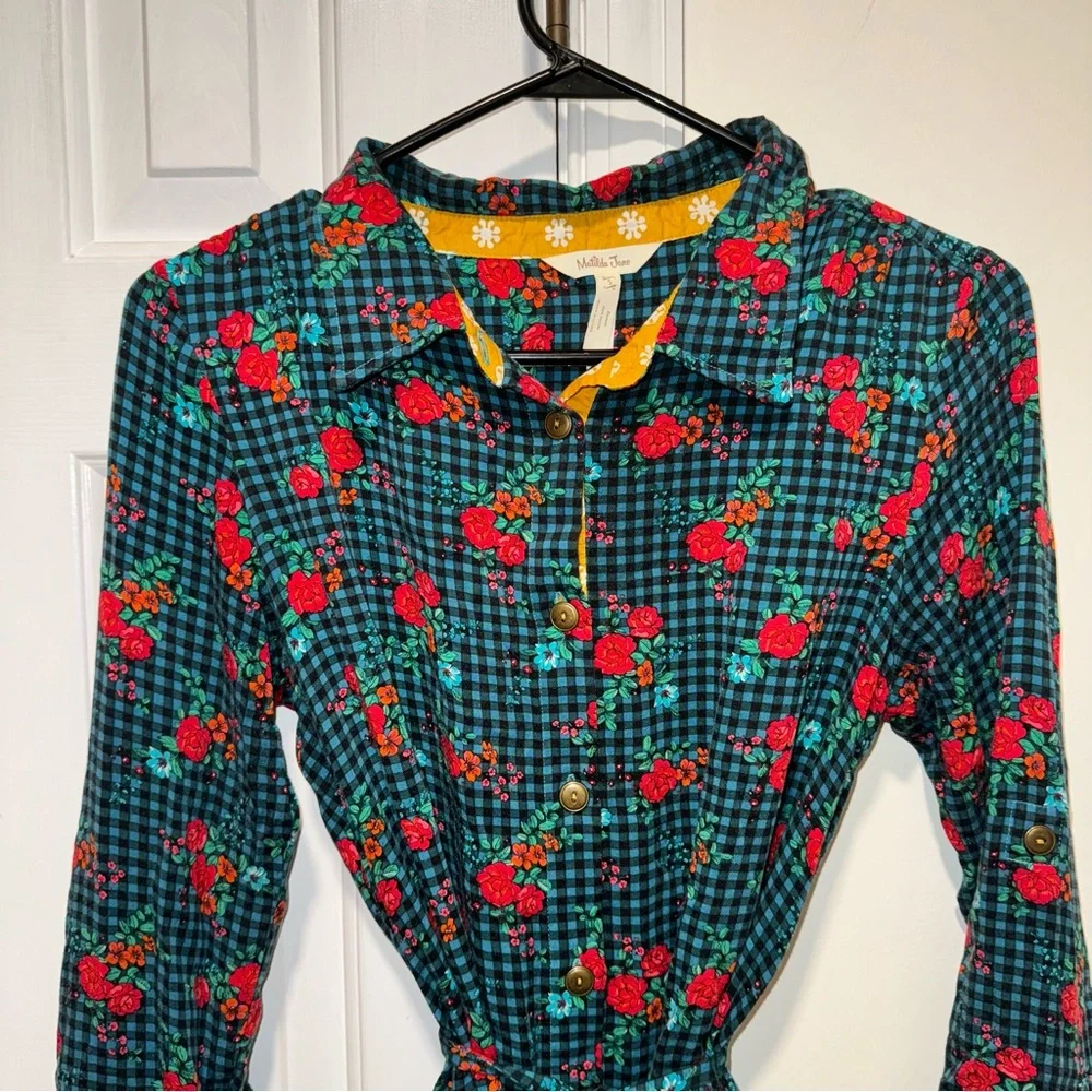 Matilda Jane checkered floral fa la la long sleeve shirt dress green red S - Picture 6 of 16